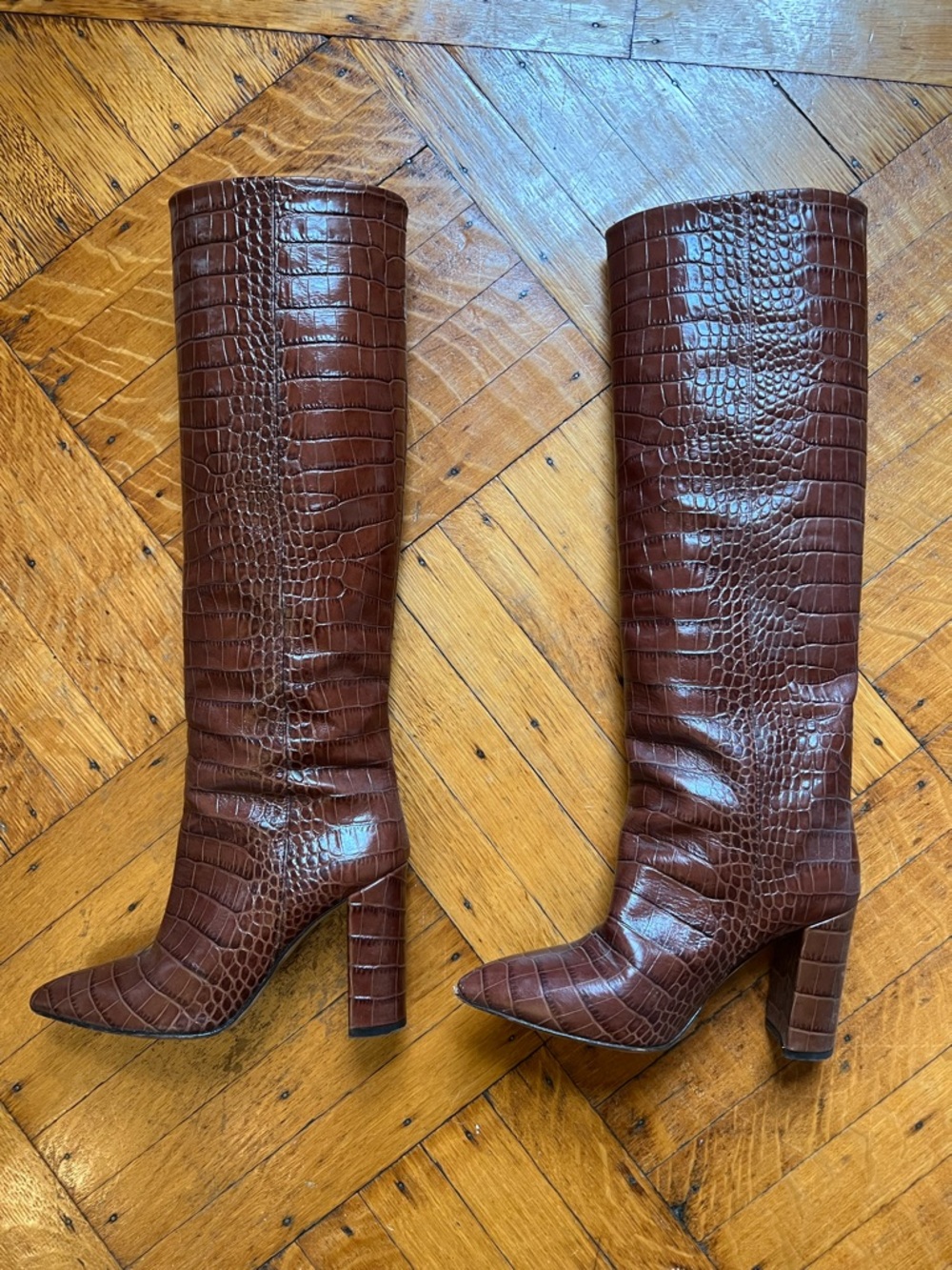 Paris Texas Brown Croc-Embossed Over-the-Knee Block Heel Boots